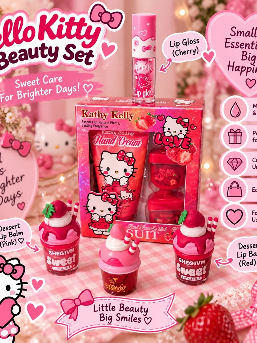 7 Peices  Kitty Sweet Care Bath & Body Set – Pink